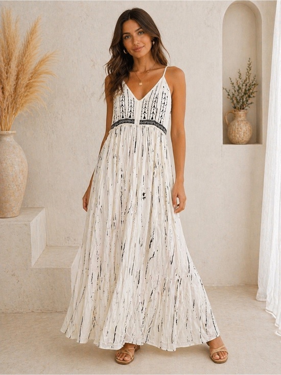 talori Dresses & Skirts - Sleeveless White Maxi Dress with Black Trim and Abstract Print